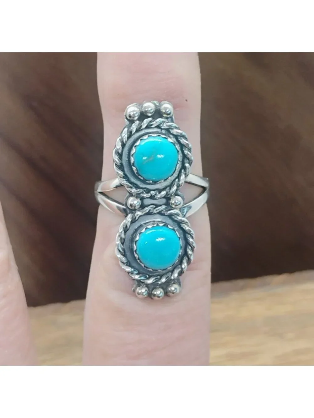 Southwest Sterling Silver Double Kingman Turquoise Stone Ring Size 7